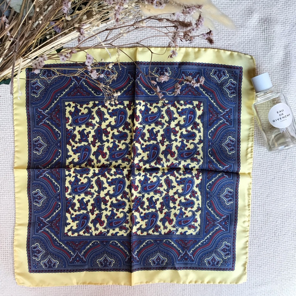 Paisley blue and beige vintage square silk scarf - Unisex